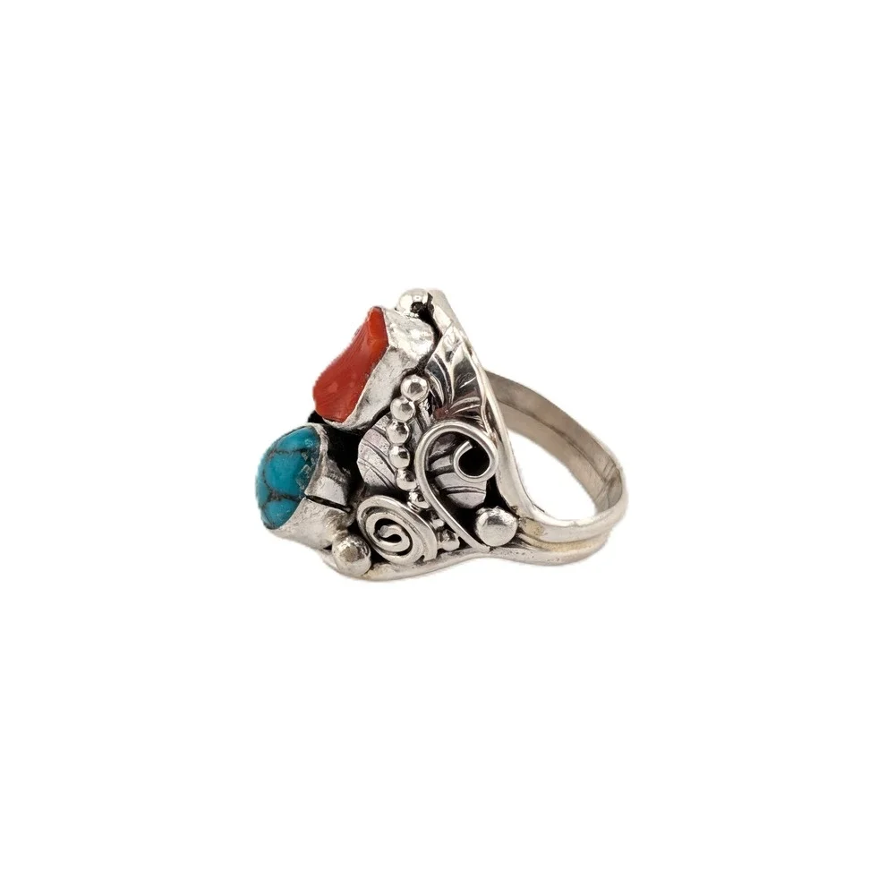Heavy Sterling Silver Turquoise Coral Signet Ring Size 11 US**